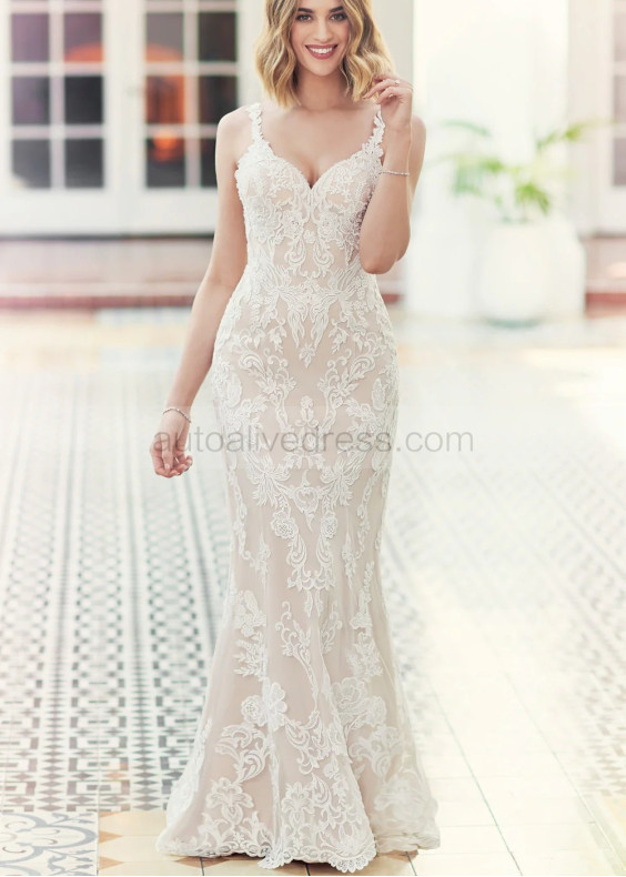 Ivory Lace Tulle Open Back Elegant Wedding Dress